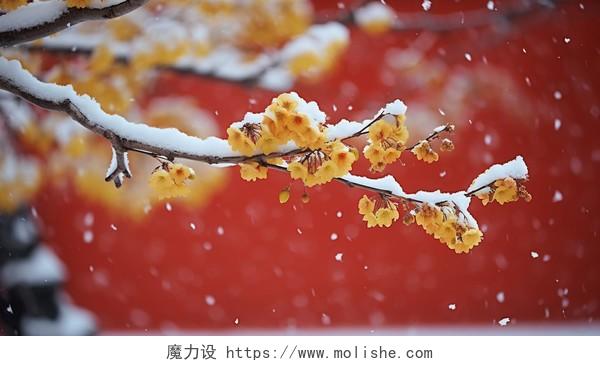 雪中的红墙与黄色腊梅绽放风景壁纸